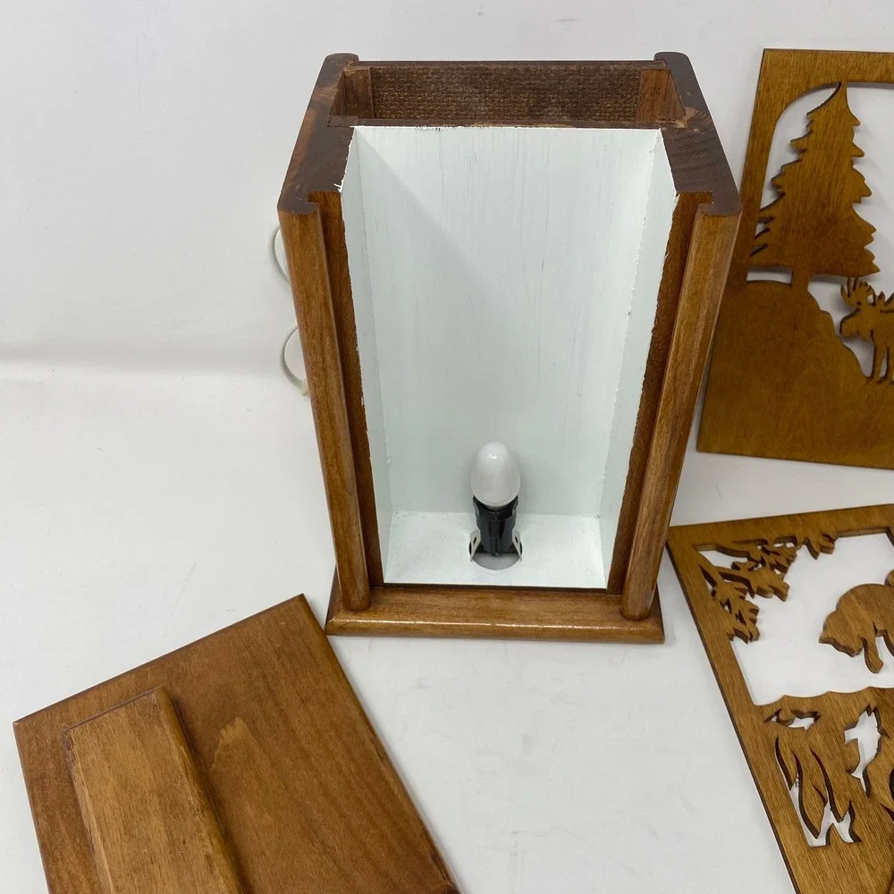 Vintage Handmade Wood Table Night Light w‎ 4 Interchangeable Carved Front Panels